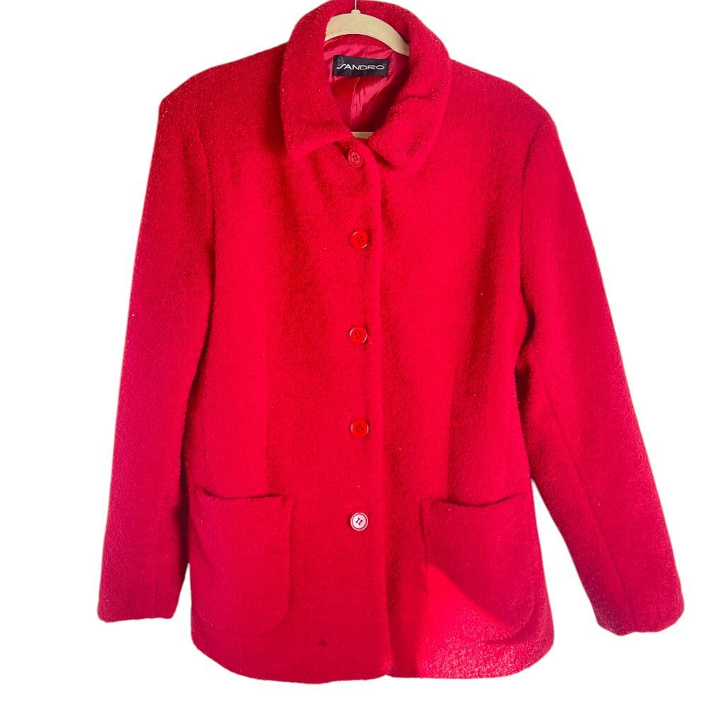 Sandro Paris Red Fuzzy Button Front‎ Teddy Jacket Size Medium